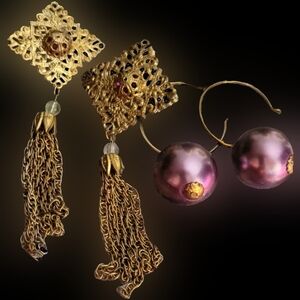 Vtg 80s metallic purple tassel chandelier convertible hoop earring bundle NWOT
